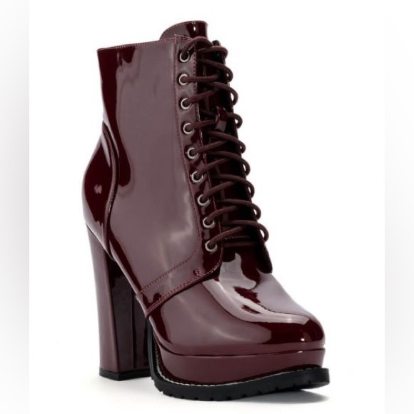 Azalea Wang Burgundy Vegan Leather Chunky Platform High Heel Boots - Picture 1 of 3